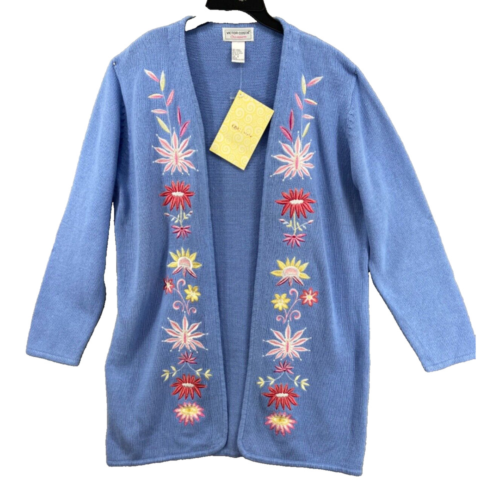 NWT Victor Costa‎ Occassions Cardigan L Blue Floral Embroidered Long Open Front